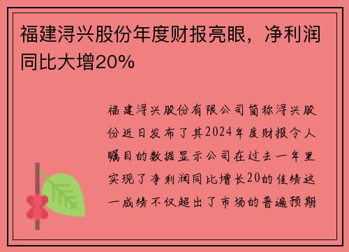 福建浔兴股份年度财报亮眼，净利润同比大增20%