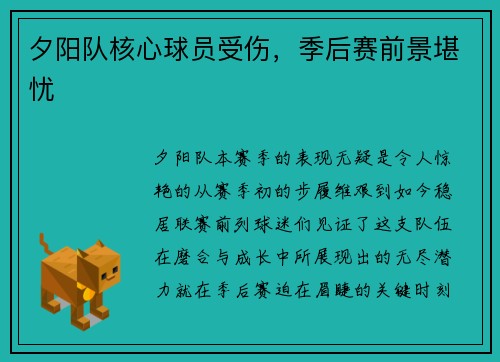 夕阳队核心球员受伤，季后赛前景堪忧